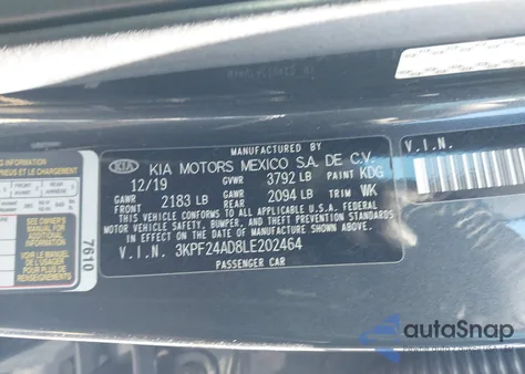 2020 Kia Forte Lxs z USA, uszkodzony, nr VIN 3KPF24AD8LE202464